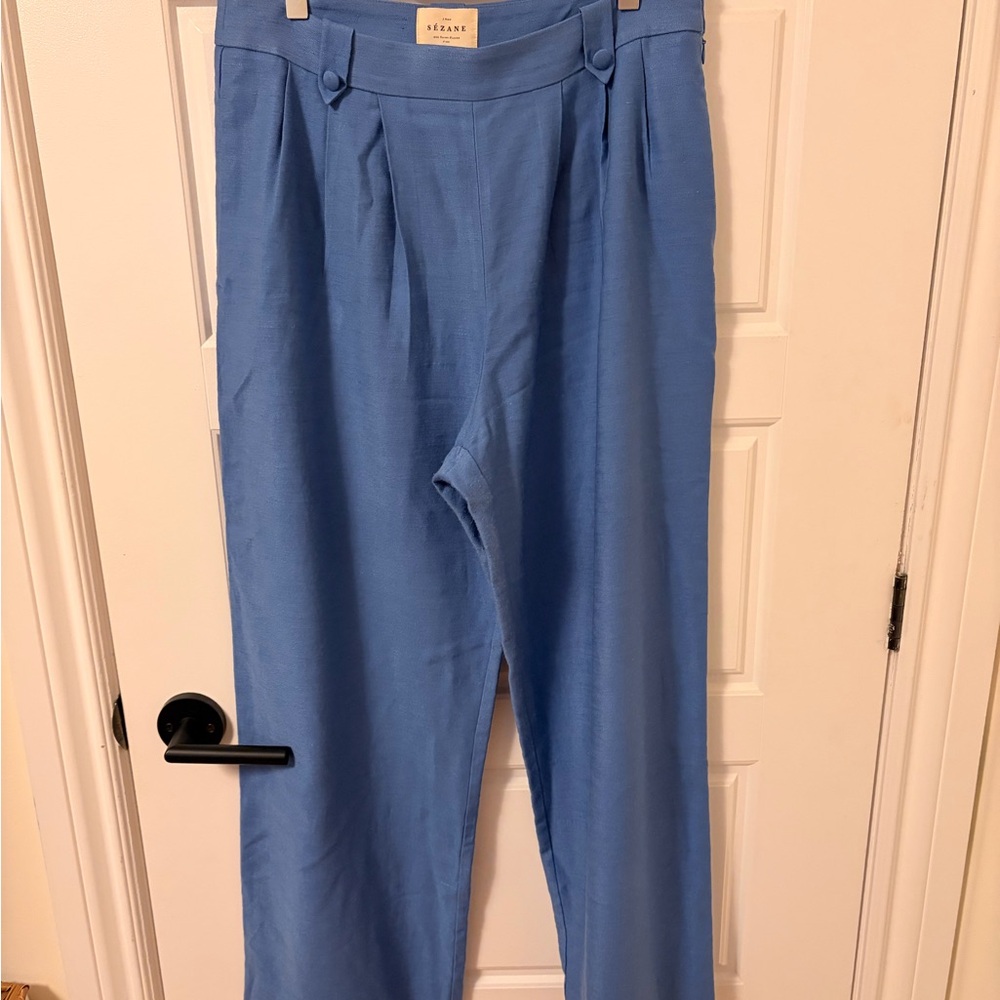 Sezane Linen-Blend High-Waist Wide-Leg Pants in Cornflower Blue - Picture 4 of 6